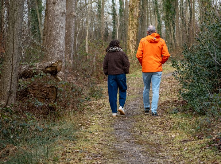 Twee mensen wandelen samen over een bospad